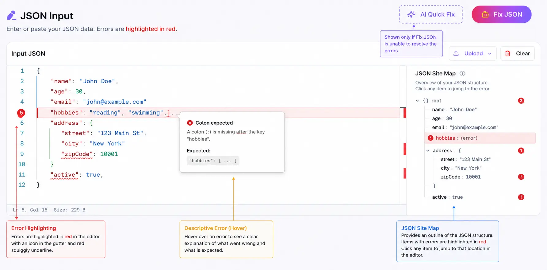 AI-powered JSON repair in OnlineJSONFormatt showing broken input and corrected output with fix summary